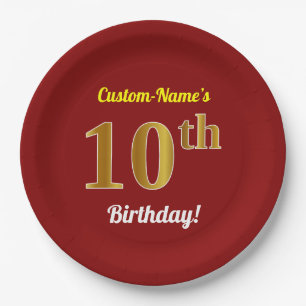 Red, Faux Gold 10th Birthday + Custom Name Paper Plate