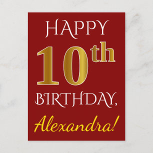 Red, Faux Gold 10th Birthday + Custom Name Postcard