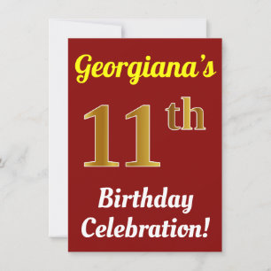 Red, Faux Gold 11th Birthday Celebration + Name Invitation