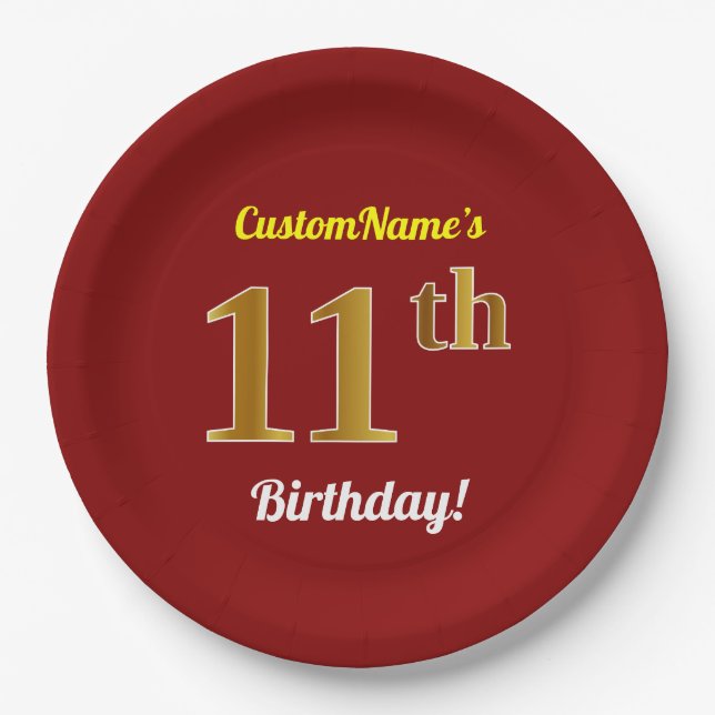 Red, Faux Gold 11th Birthday + Custom Name Paper Plate (Front)