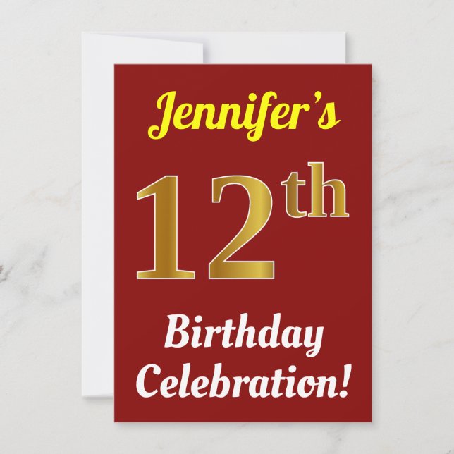 Red, Faux Gold 12th Birthday Celebration + Name Invitation (Front)