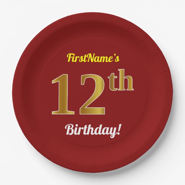 Red, Faux Gold 12th Birthday + Custom Name Paper Plate (Front)