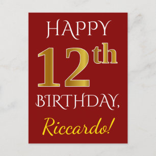 Red, Faux Gold 12th Birthday + Custom Name Postcard