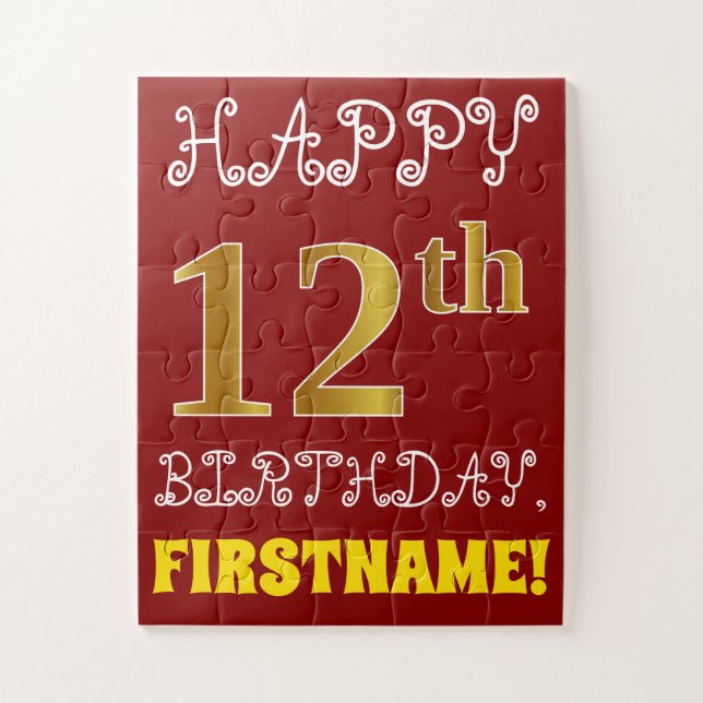 Red, Faux Gold 12th Birthday + Custom Name Puzzle (Vertical)