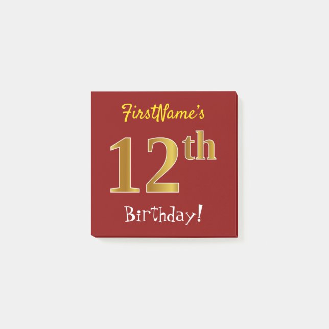 Red, Faux Gold 12th Birthday, With Custom Name Post-it Notes (Front)