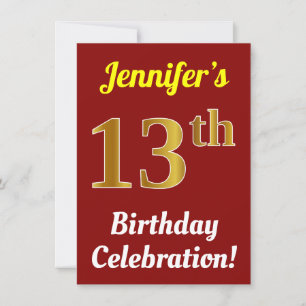 Red, Faux Gold 13th Birthday Celebration + Name Invitation