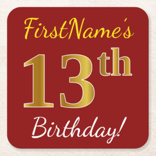 Red, Faux Gold 13th Birthday + Custom Name Square Paper Coaster