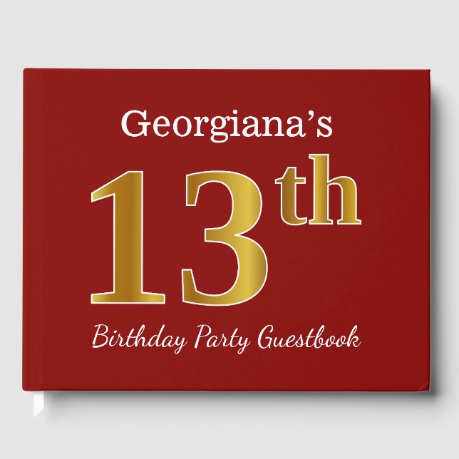 Red, Faux Gold 13th Birthday Party + Custom Name Guest Book (Front)