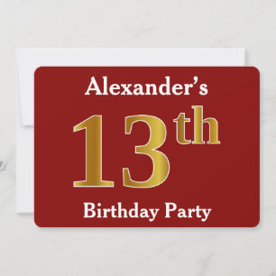 Red, Faux Gold 13th Birthday Party + Custom Name Invitation