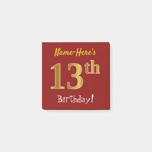 Red, Faux Gold 13th Birthday, With Custom Name Post-it Notes (Front)