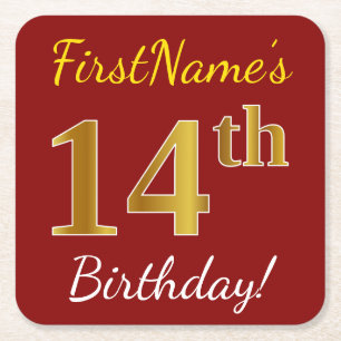 Red, Faux Gold 14th Birthday + Custom Name Square Paper Coaster