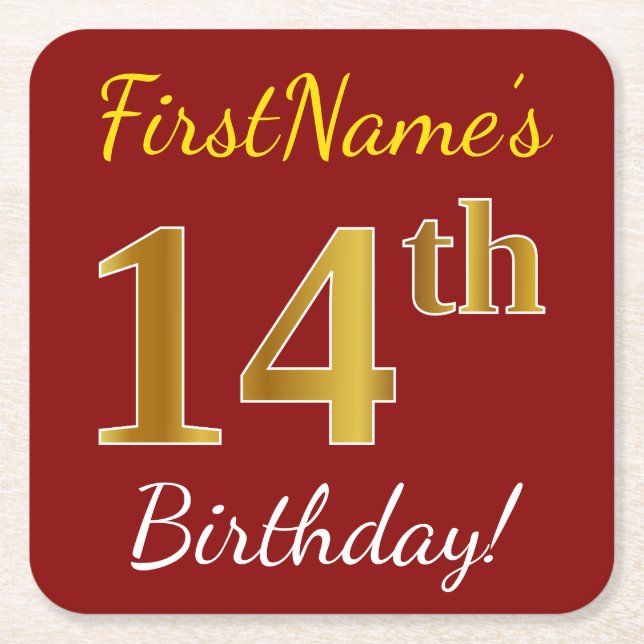 Red, Faux Gold 14th Birthday + Custom Name Square Paper Coaster (Front)
