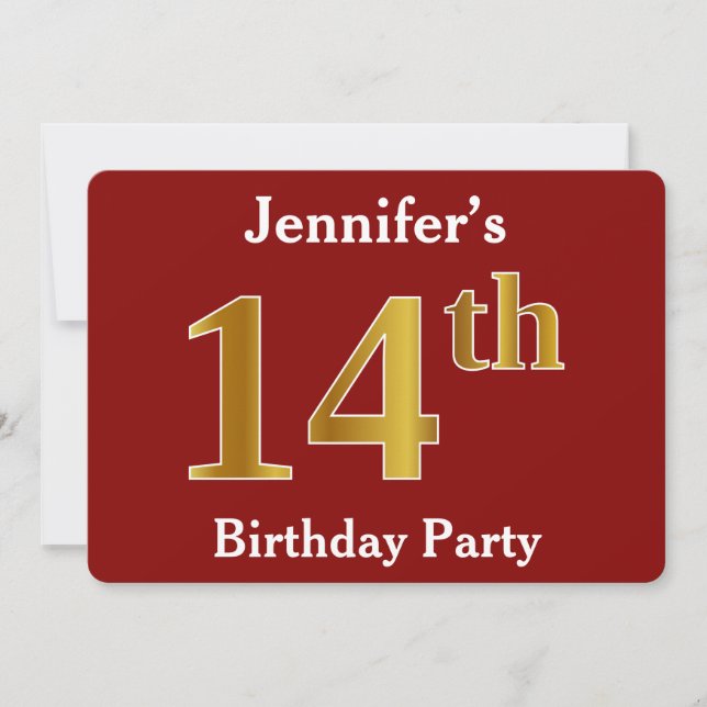 Red, Faux Gold 14th Birthday Party + Custom Name Invitation (Front)