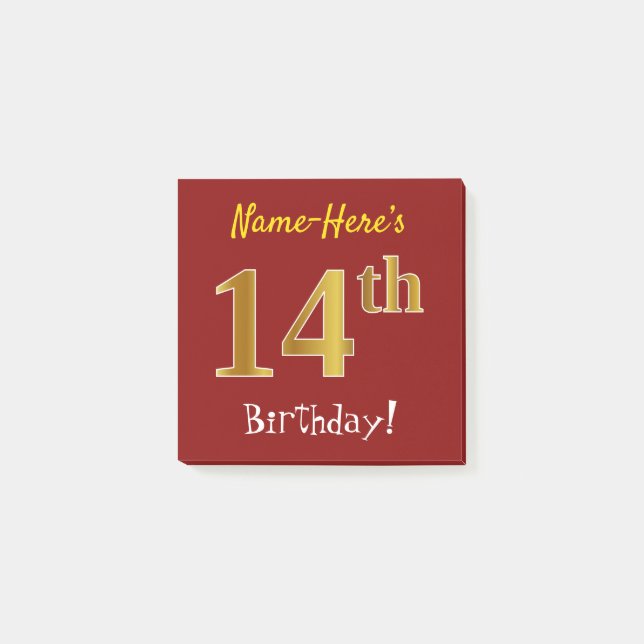 Red, Faux Gold 14th Birthday, With Custom Name Post-it Notes (Front)