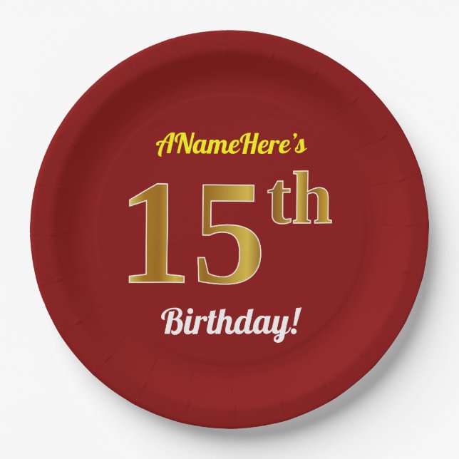 Red, Faux Gold 15th Birthday + Custom Name Paper Plate (Front)