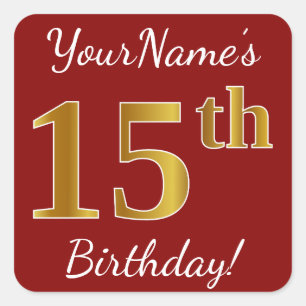 Red, Faux Gold 15th Birthday + Custom Name Sticker