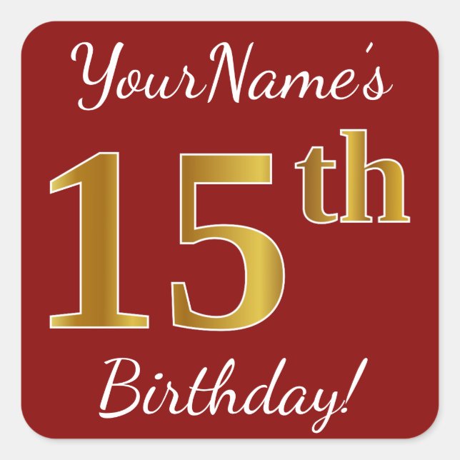 Red, Faux Gold 15th Birthday + Custom Name Sticker (Front)