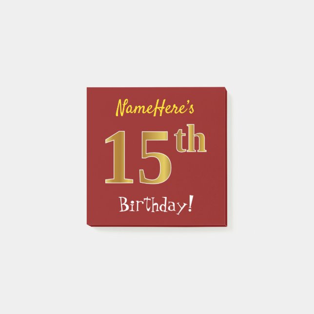 Red, Faux Gold 15th Birthday, With Custom Name Post-it Notes (Front)