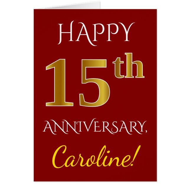 Red, Faux Gold 15th Wedding Anniversary + Name (Front)
