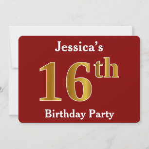 Red, Faux Gold 16th Birthday Party + Custom Name Invitation