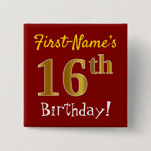Red, Faux Gold 16th Birthday, With Custom Name 15 Cm Square Badge