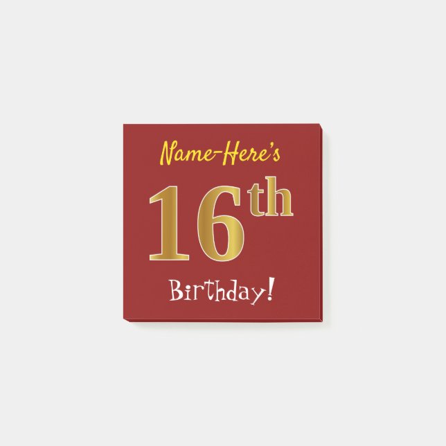 Red, Faux Gold 16th Birthday, With Custom Name Post-it Notes (Front)