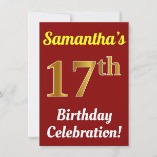 Red, Faux Gold 17th Birthday Celebration + Name Invitation