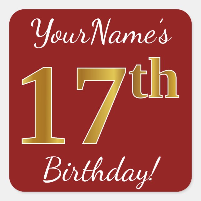 Red, Faux Gold 17th Birthday + Custom Name Sticker (Front)
