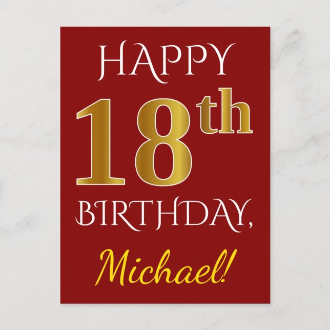 Red, Faux Gold 18th Birthday + Custom Name Postcard (Front)