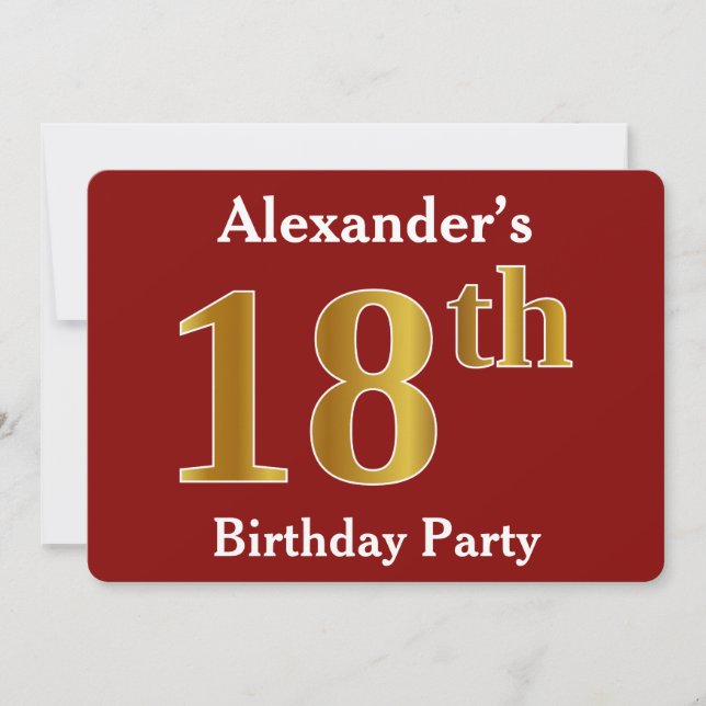 Red, Faux Gold 18th Birthday Party + Custom Name Invitation (Front)