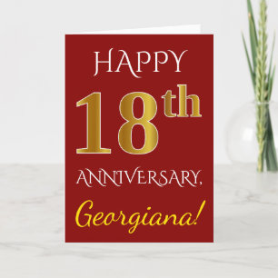 Red, Faux Gold 18th Wedding Anniversary + Name Card