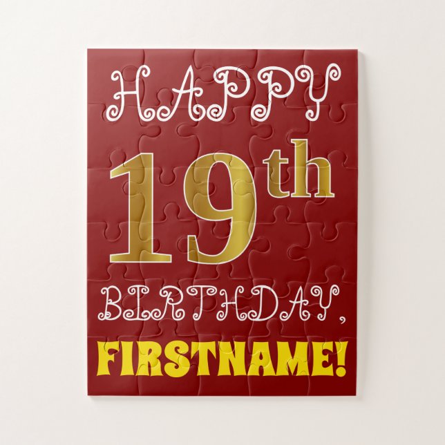 Red, Faux Gold 19th Birthday + Custom Name Puzzle (Vertical)