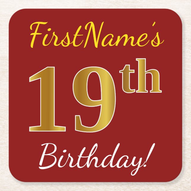 Red, Faux Gold 19th Birthday + Custom Name Square Paper Coaster (Front)