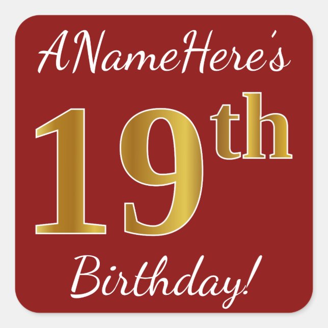 Red, Faux Gold 19th Birthday + Custom Name Sticker (Front)