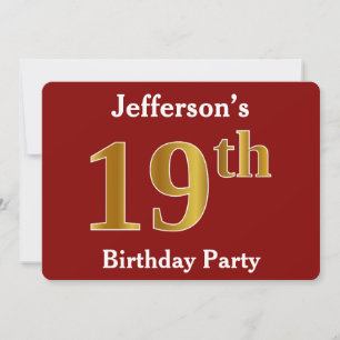 Red, Faux Gold 19th Birthday Party + Custom Name Invitation
