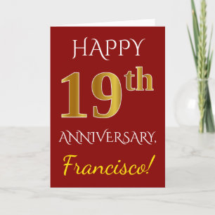 Red, Faux Gold 19th Wedding Anniversary + Name Card