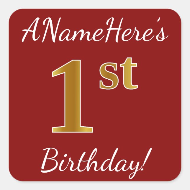 Red, Faux Gold 1st Birthday + Custom Name Sticker (Front)