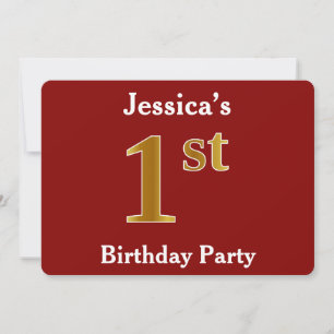 Red, Faux Gold 1st Birthday Party + Custom Name Invitation