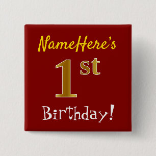 Red, Faux Gold 1st Birthday, With Custom Name 15 Cm Square Badge