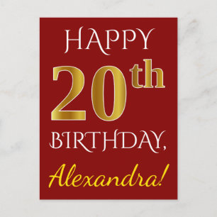 Red, Faux Gold 20th Birthday + Custom Name Postcard