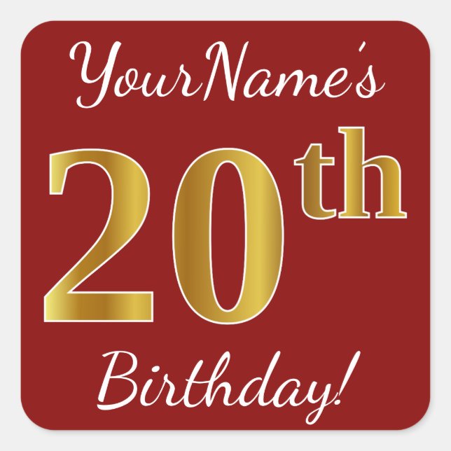 Red, Faux Gold 20th Birthday + Custom Name Sticker (Front)