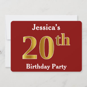 Red, Faux Gold 20th Birthday Party + Custom Name Invitation