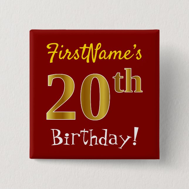 Red, Faux Gold 20th Birthday, With Custom Name 15 Cm Square Badge (Front)
