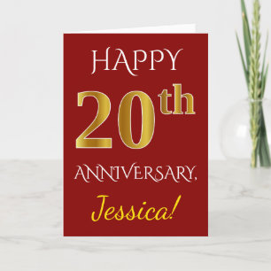 Red, Faux Gold 20th Wedding Anniversary + Name Card