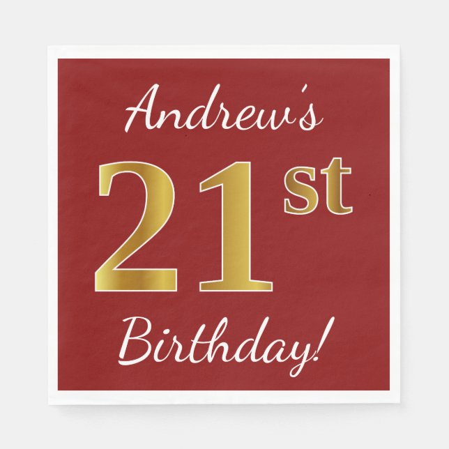 Red, Faux Gold 21st Birthday + Custom Name Napkin (Front)