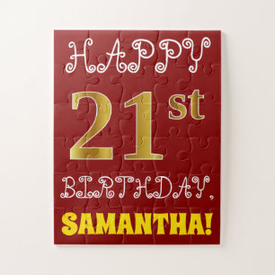 Red, Faux Gold 21st Birthday + Custom Name Puzzle