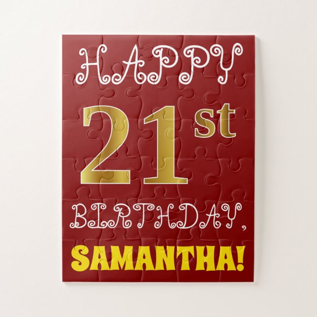 Red, Faux Gold 21st Birthday + Custom Name Puzzle (Vertical)