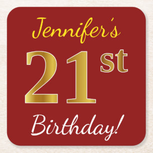 Red, Faux Gold 21st Birthday + Custom Name Square Paper Coaster