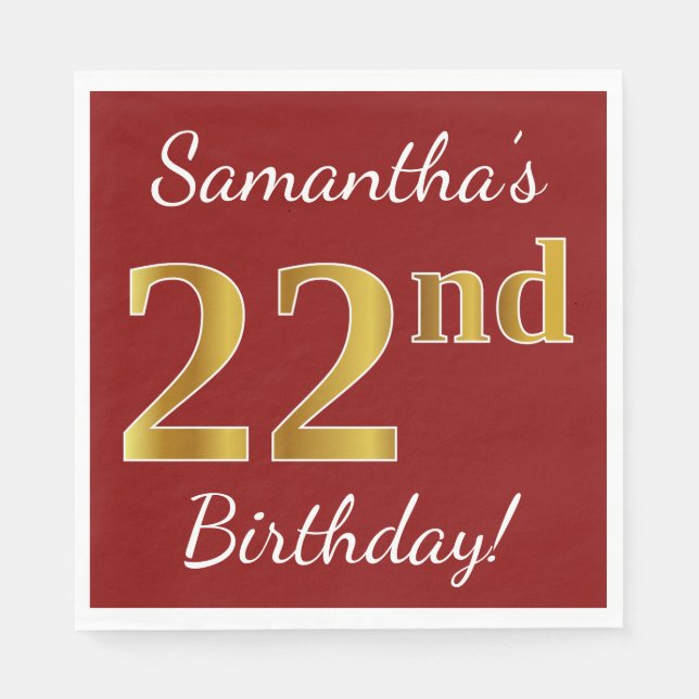 Red, Faux Gold 22nd Birthday + Custom Name Napkin (Front)