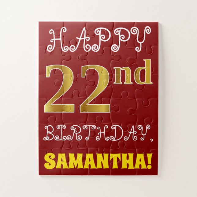 Red, Faux Gold 22nd Birthday + Custom Name Puzzle (Vertical)